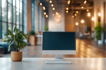 Fototapete - Modern Home Office Setup with Blank Computer Screen Potted Plant and Ambient Lighting Workspace Mockup : Generative AI
