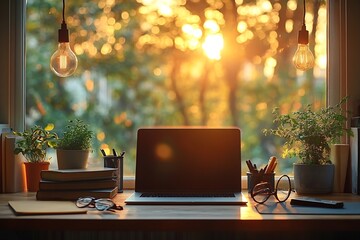 Aufkleber - Warm Home Office Setup with Laptop Books and Plants Bathed in Golden Sunlight Enhancing Focus and Productivity : Generative AI