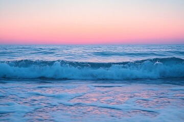 Leinwandbilder - Pastel Sky and Ocean Waves Sunset with Pink and Blue Colors Tranquil Seascape Coastal Beauty : Generative AI