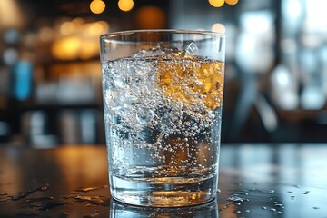 Aufkleber - Refreshing Glass of Sparkling Water with Bubbles and Light Reflections  Hydration and Clean Drinking : Generative AI