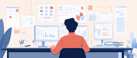 Poster - Man is sitting at a desk with a computer monitor and a keyboard
