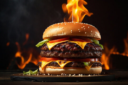 Delicious hamburger with cheese, tomato, lettuce french fries on a dark wooden background, A sizzling hamburger stacked high with fire blazing in the background