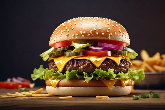 Delicious hamburger with cheese, tomato, lettuce french fries on a dark wooden background, A sizzling hamburger stacked high with fire blazing in the background
