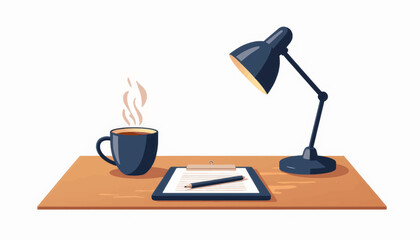 Poster - Geometric coffee cup and tablet on desk, modern workspace concept