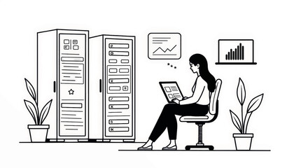 Poster - Female intern analyzing data on tablet in modern workspace, innovation