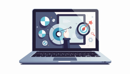 Poster - Modern laptop displaying abstract icons on white background, digital design