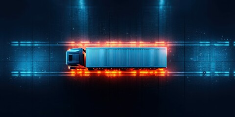 Poster - A futuristic semi-truck speeds across a digital highway, illuminated by vibrant neon lights.