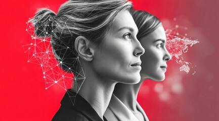 Poster - Two women's profiles with a digital network over one head, representing global connectivity.