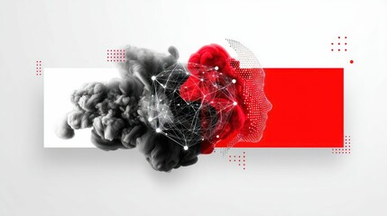 Poster - A vivid abstract graphic presents a brain formed from a network, with ink clouds, and red accents.