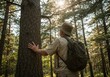 © Ozz - An older man exploring a tranquil forest, touching a tree and enjoying the sunlight.