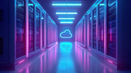 Poster - futuristic server room lit with neon, showcasing cloud computing technology and data storage.