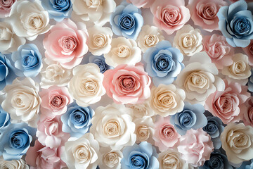 Poster - Wall of roses, paper flowers in pastel colors, pink and white roses, blue accents, large wall with many roses, rose backdrop for wedding ceremony decor, close-up.