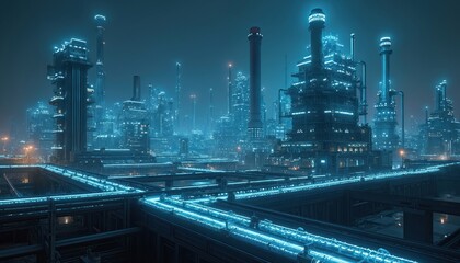 Fototapete - futuristic industrial factory, night cityscape with digital overlay. neon blue glowing lights on ste