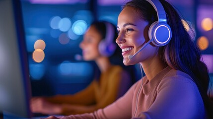 Poster - Smiling customer service agent wearing a headset and working on a computer at night.