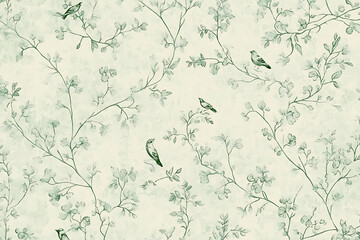 Poster - Vintage wallpaper with a Chinese retro pattern, featuring a light green background with small birds and flowers in pastel colors.