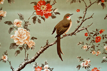 Poster - 
Vintage wallpaper with a chinoiserie pattern featuring birds and flowers, set against a pastel green background.