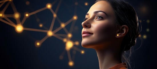 Poster - elegant woman with a visionary look, contemplating a network of connected dots in the background.