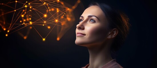 Poster - a woman looks up at a network of glowing lines, symbolizing innovation and technology.