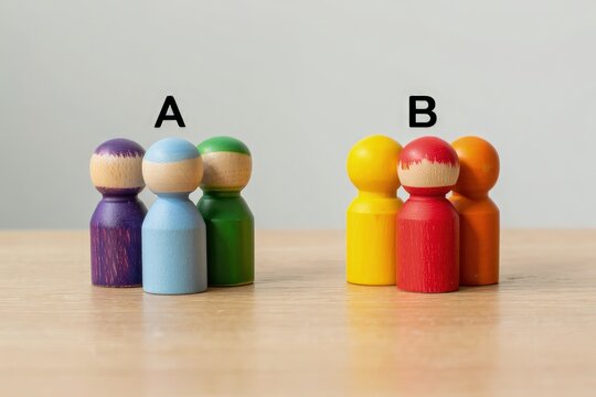 Two groups of people A and B. Social experiments. Control group. Surveys and statistics collection. Division into two types. Study of society and social technologies.