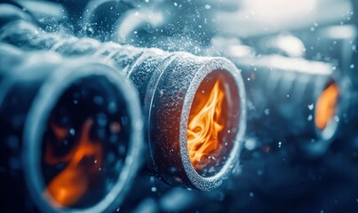 Poster - Intense flames erupt from metallic tubes, juxtaposed against a backdrop of frozen water particles.