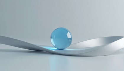 Poster - Abstract 3D render featuring blue glass sphere, silver wavy line. Minimalist design perfect for modern backgrounds. Sphere filled with water. Ideal for tech, science, creative design projects,