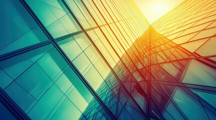 Poster - Low-angle view reveals a modern skyscraper with striking geometric designs in the sunlight.