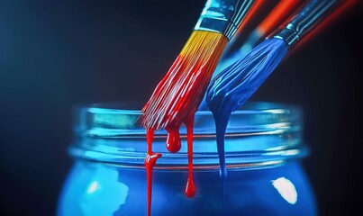 Poster - Close-up captures paintbrushes with vibrant red and blue paint dripping into a colorful jar.