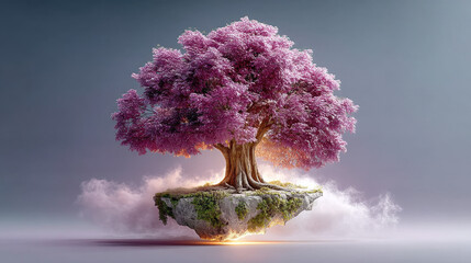 Leinwandbilder - Floating Voxel Tree Pink Blossoms and Mossy Island in Digital Render