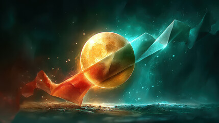 Leinwandbilder - Glowing Golden Sphere with Swirling Teal and Red Energy in Dark Cosmic Space
