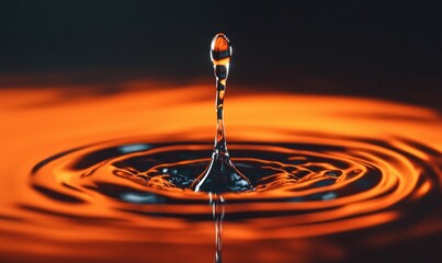 Poster - A water drop creates a mesmerizing ripple effect in a vivid orange liquid.