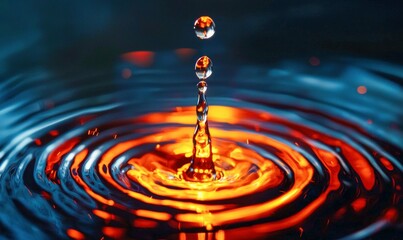 Poster - A water droplet creates concentric ripples on impact, illuminated with vibrant blue and orange hues.