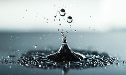 Poster - Captivating close-up of water droplets colliding, creating a mesmerizing splash and ripple effect.