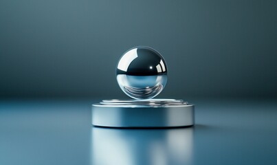 Poster - A gleaming, metallic sphere sits serenely on a tiered platform against a cool-toned backdrop.