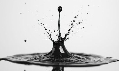 Poster - A captivating high-speed shot captures a dark liquid drop splashing, creating intricate ripples and forms.