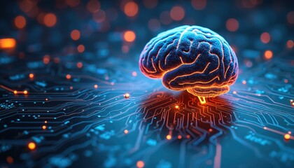 Poster - Illustration of glowing human brain, connected to circuits. Tech concept of artificial intelligence, machine learning, big data, cyber systems. Brain development, innovative tech for future, digital