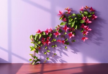 Poster - Purple Wall Garden. Lush Plants Climb A Textured Purple Wall. Interesting Light Plays On The Surfaces Creating Depth. An Inviting Natural Scene.