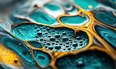 Poster - A captivating abstract of teal and gold liquid creates a mesmerizing, organic pattern with bubbles.