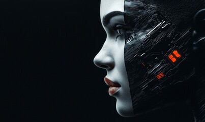Poster - Side profile of a woman with half of her face revealing digital circuitry and futuristic tech interface.