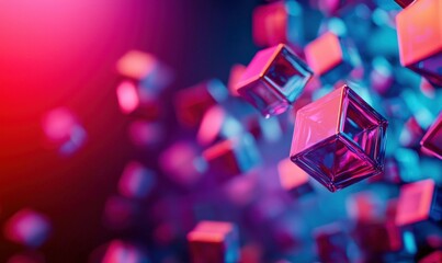 Poster - Dynamic arrangement of glossy cubes in shades of pink and blue creating an abstract design.