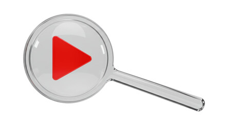 Poster - Isolated Clear Magnifying Glass with Red Play Button Focus
