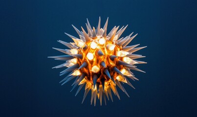 Poster - A contemporary spiky chandelier glows warmly against a simple blue background, creating a modern effect.