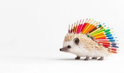 Wall Mural - adorable hedgehog with colorful pencils for spines stands out against a bright white background.