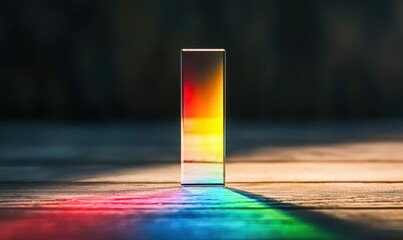 Poster - A crystal prism splits white light into a spectrum, casting a vivid rainbow shadow on wood.