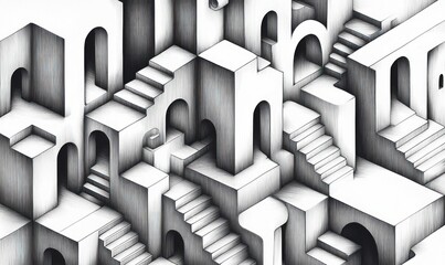 Poster - Architectural drawing shows impossible construction with arches and stairs creating an optical illusion.