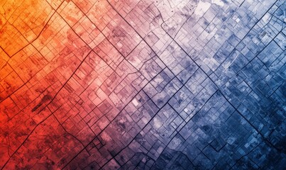 Poster - Abstract aerial view of a gridded landscape transitioning from warm red to cool blue tones.