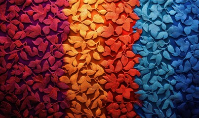 Poster - A vibrant textile featuring gradient leaf patterns transitions beautifully through purple, orange, red, and blue tones.