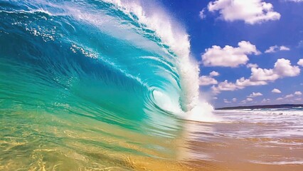 Wall Mural - a massive wave crashes onto a sunny beach, creating a foamy splash