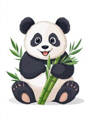 Fototapete - Giant panda enjoying bamboo with a playful expression on a clean white background in a charming setting