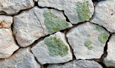 Poster - Close-up of an old stone wall covered with green lichen, creating a textured natural surface.