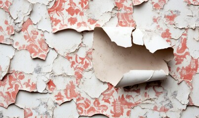 Poster - Layers of history exposed: Peeling paint reveals a vintage floral wallpaper underneath, creating a unique textured wall.